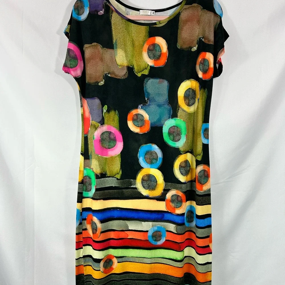 Tola Women's Abstract Design Dress 44 Midi Short Sleeve Art To Wear Bold Maximal